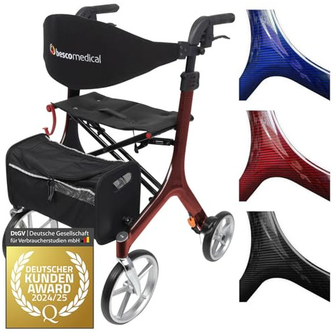 Besco Medical Carbon Rollator ultraleicht 5,9 kg - Modell L Bordeauxrot | faltbar, höhenverstellbar, mit bequemem Sitz - Premium Gehhilfe mit Rückengurt, Netztasche, Stockhalter - klappbar & leicht