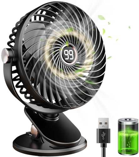Ventilatore da Tavolo, 6000 mAh Mini Ventilatore USB con Display LCD, 5 Velocità 720° Rotante Piccolo Ventilatore Portatile Ricaricabile, Ventilatore con Clip per Ufficio Casa Campeggio-Nero
