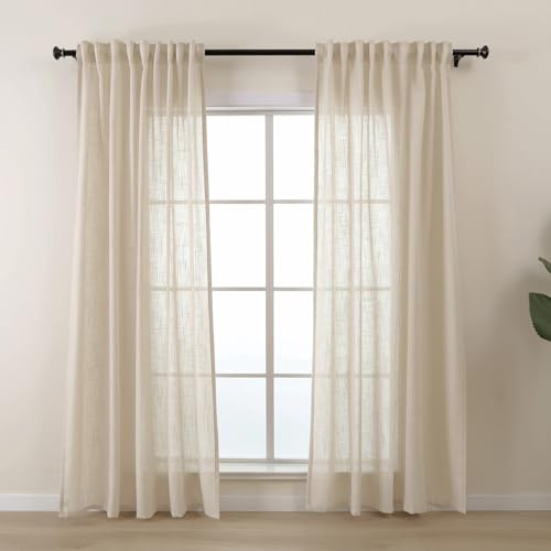 L.Z.E Curtains Beige Semi Sheer, 90 Inch Drop Linen Look Curtain with Pencil Pleat, Heavyweight Mesh Sheers for Bedroom Living Room Windows, 2 Panels Pack Net Drapes, 225 cm Long Textured Plain