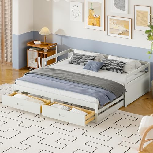 KUAKE Kinderbett 90/180x200 cm, Ausziehbares Schlafsofa mit 2 Schubladen, Einzelbett mit Lattenrost Lattenrosten, Umwandelbar in Doppelbett, Kiefernbett mit Stauraum, Jugendbett Sofa Couch Bett, Weiß
