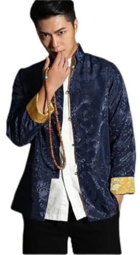 Tang Suit Men Hanfu Chinese Traditional Clothes Long Sleeve Top, Can be Worn on Both Sides (Blue and Gold, L)