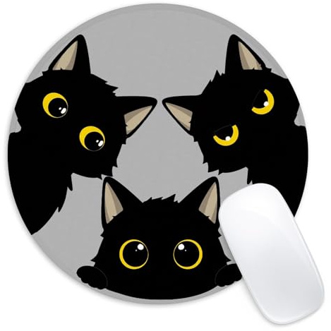 Rundes Mauspad mit niedlichen schwarzen Katzen, lustiges kleines Mauspad mit rutschfester Gummiunterseite, Heimbüro-Dekoration, Schreibtischzubehör, 21,6 cm rund