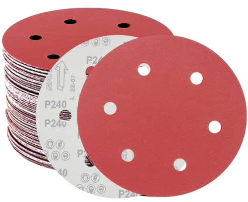 Disques abrasifs 225 mm 6 trous .9 pouces Disques auto-agrippants, 6 grains différents 5XP40/60/100/120/180/240, papier de verre rouge 6 trous for ponceuses à cloisons sèches(9inch 6 Holes 30pcs)