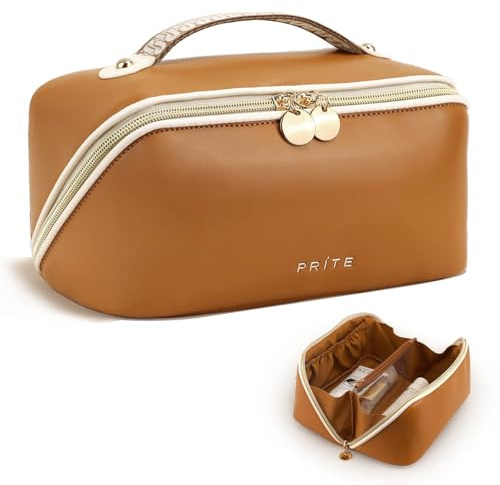 Prite Travel Makeup Bag Flat Lay Cosmetic Case with Brush Pocket, Brown, M