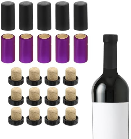 QUARKZMAN 100Pcs Capsules Thermorétractables PVC 12Pcs Bouchons Bordeaux Liège Forme T pour Scellage Bouteille avec Onglet D’Arrachage pour Verre, Cave Bordeaux, Maison, 30x60mm, Violet/Noir