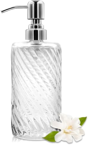 Distributeur de savon en verre nervuré de 532 ml avec pompe en acier inoxydable, bouteille de savon liquide rechargeable pour salle de bain, cuisine, savon pour les mains, savon à vaisselle ou lotion