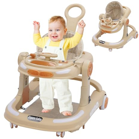 Baby gåstol med lekset och golvmatta, anti-kollision design one touch hopfällbar baby walker, 5-växlad höjdjusterbar, med stor mattallrik och broms för 6–18 m