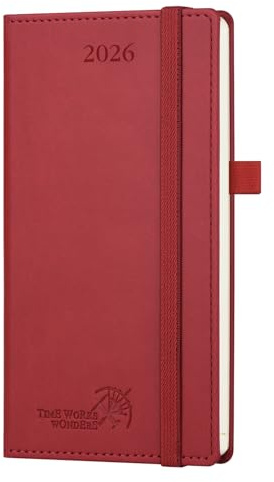 POPRUN Taschenkalender 2026 Klein 16,5 x 9 cm (Jan.2026-Dez.2026) - Kalender 2026 Klein mit PU-Leder - Terminplaner, Planer 1 Woche 2 Seite mit Stiftschlaufe - Burgunderrot