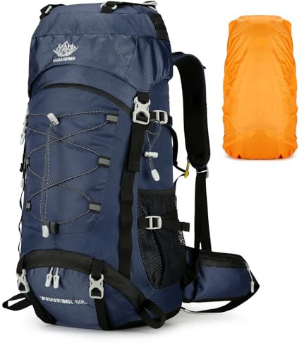 BAGROUPS 60L Wanderrucksack Herren Damen Wasserdichter Outdoor Reiserucksack Ultra Leicht Trekkingrucksack Große Rucksäcke für Camping, Reisen, Skifahren, Urlaub，Sport Blau