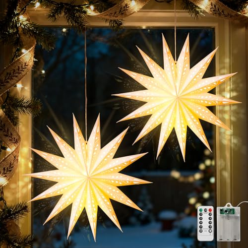 Luxspire Papiersterne zum Aufhängen, 55cm Papiersterne Weihnachten mit Lichterkette Fernbedienung, 2 Pack faltbare Papierstern mit Beleuchtung für Weihnachten Urlaub, 14 Punkt Stern