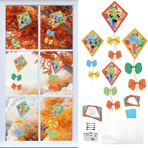 TGFIX 12Set Herbst Fensterbilder Basteln mit Kinder Papierdrachen Bastelset | Herbstdeko zum basteln mit Transparentpapier Buntglas Effekt Papier Drachen Kunsthandwerk für Jungen Mädchen Geschenk