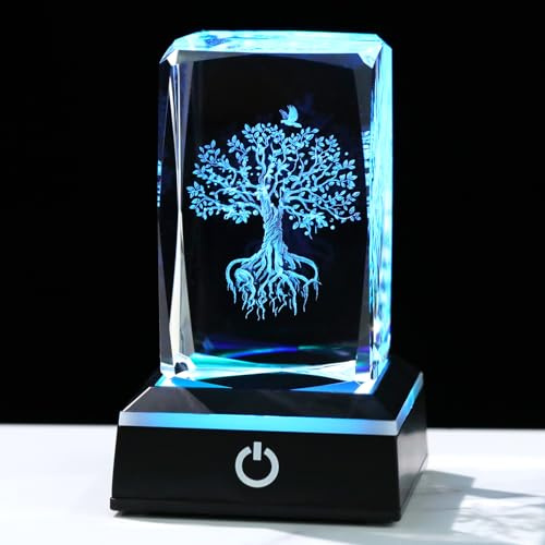 Movdyka Crystal 3D Tree of Life Gifts for Women Men with LED Lights Base | Engraved Glass Family Trees Figurine, Christmas Birthday Presents for Her Daughter, Collectible Paperweight Home Ornaments