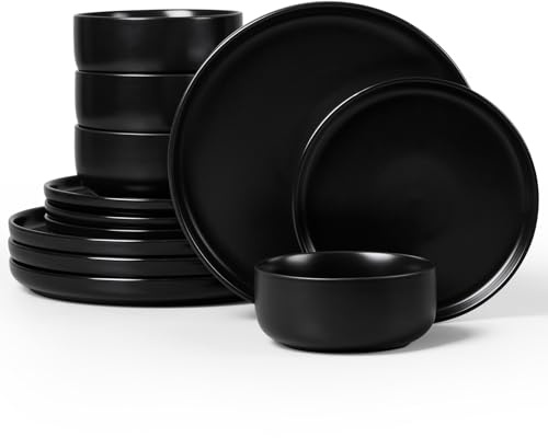 Homikit 12Pcs Dinner Set, Reactive Glaze Stoneware for 4, Matte Black