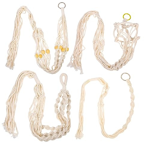 CLISPEED 4 Piezas Macramé Colgador Plantas Algodón Soporte Macetas Interior Exterior Decoración Bohemia Resistente Cuerda Algodón con Anillo Colgante para Jardín Oficina