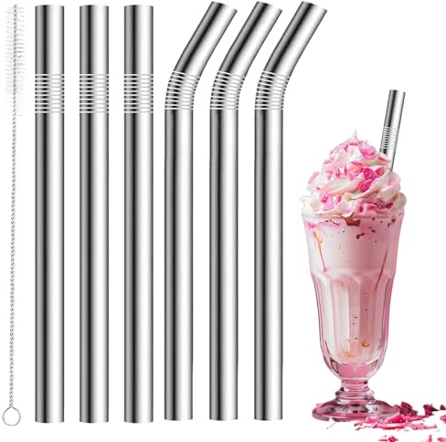 6 Pack Stainless Steel Thick Straws,10mm Metal Straws,Wide Straws,Extra Wide Reusable Metal Straw,Extra Long Straight & Bent Drinking Smoothie Straw for Thick Beverages, Cold Drinks, 1 Brush(Silver)