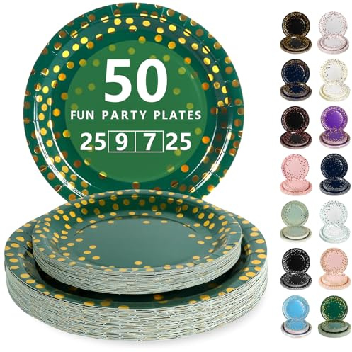 Nkaiso 50 Stück Dunkelgrün und Gold Einweg Pappteller | Partygeschirr Set Mit 23cm Party Teller, 18cm Dessertteller, Elegantes Einweggeschirr für Jubiläums, Hochzeiten, Geburtstag