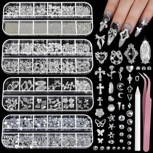 Silber Kit de Charms et Gemmes pour Ongles, 4 Boîtes de Strass Argent pour Ongles, Accessoires 3D Y2K, Charms de Croix pour Design d'Ongles Étoile, Perles Caviar pour Art des Ongles