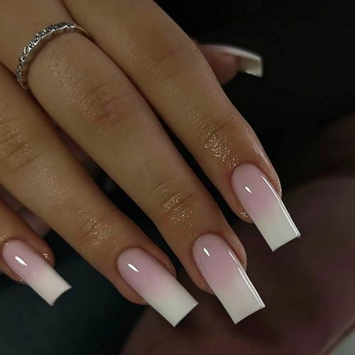 Ceboic 24 Pièces Faux Ongles Moyen Long Carrés, Dégradé Rose Blanc Ongle à Coller, Naturel Élégant Reutilisable Française Press on Nails, Acrylique Artificiel Ongles à Presser pour Femmes et Filles