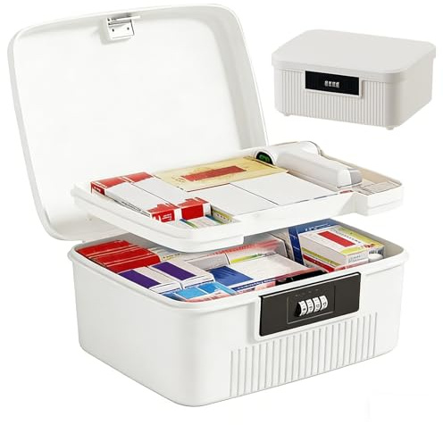 2 Layer Lockable Medicine Storage Box, 9LMedicine Box with Combination Lock | Organizer Box with Removable Tray, Medication Storage Container for Home,School,Office (White, 26×22×12cm)