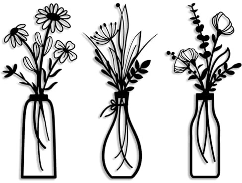 Mailfull 3 Stück Wanddeko Metall Blumen Wanddekoration Minimalistische Vase Wandkunst für Schlafzimmern Wohnzimmern Badezimmer Küche Fluren Schwarz