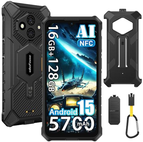 Ulefone Rugking 3 Pro Outdoor Handy ohne Vertrag, 16GB+128GB/2TB Outdoor Smartphone Android 15, 48MP+8MP, 6.56 HD+ 120Hz, 5700mAh, IP68 Wasserdicht Handy, 4G/5G WiFi/NFC/OTG/GPS/FM/mit Hülle,Schwarz