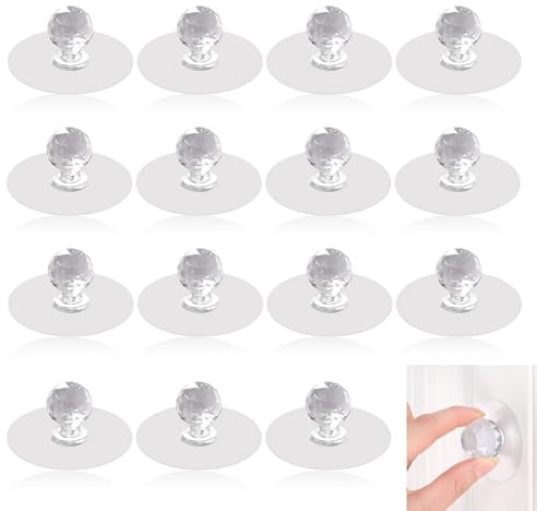 BRIOTA 15Pcs Cabinet Drawer Stick on Handles, No Drill Self Adhesive Acrylic Crystal Door Knobs Diamond Shaped Knobs for Wardrobe Kitchen Cupboard Bookcase Window Dresser Furniture Door Bathroom
