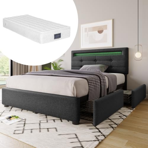 vutizal Sängklädsel, sängram, enkelsäng, komplett set 90 x 200 cm grå | LED 2 lådor 7-zons madrass | justerbar huvudgavel fjäderkärna | Modern sovkonstruktion