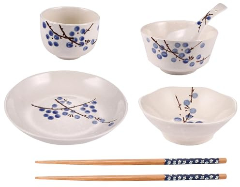 TOBBOMEY Set Stoviglie Ceramica Giapponese 6 Pezzi per Cucina Casa Singolo Include Ciotola Scodella Tazza Cucchiaio Bacchette Motivo Fiore di Prugno