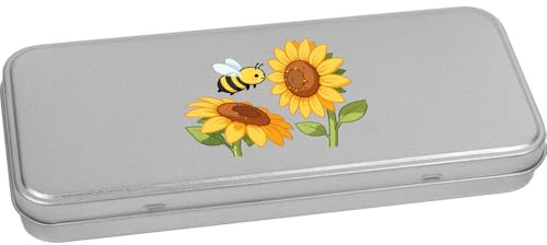 Azeeda 'Bee with Sunflowers' Stationery Tin - 180mm (TT00321430) | Metal Hinged Keepsake Box for Pens, Pencils, Crafts and Gifts