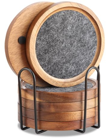 HALE OTEIR Untersetzer aus Holz & Filz für Gläser 6er Set, Akazienholz Glasuntersetzer mit Halter, Untersetzer Gläser Filz für Getränke, Bar, Tassen, Glas (Grau Filz)