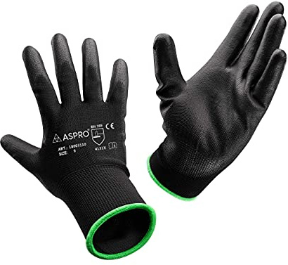 ASPRO Arbeitshandschuhe 20 Paar Größe 9 (L)- Gartenhandschuhe-Schwarze Nylon-Handschuhe mit PU-Beschichtung für Bauarbeiter, Gärtner, Mechaniker, Bauarbeiter, Lagerarbeiter etc.