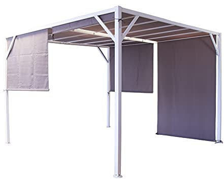 VERDELOOK Gazebo cubo in metallo verniciato con tende laterali, 3x3 h2.10 m, telo beige e struttura in metallo verniciato bianco