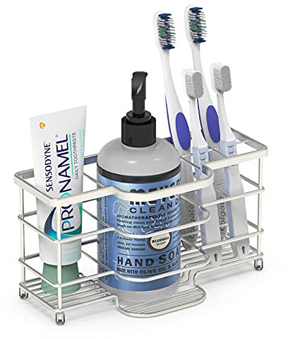 Linkidea Soporte para Cepillo de Dientes con ventilación para baño, Cepillo de Dientes, Pasta de Dientes, maquinilla de Afeitar, jabón de Manos, tocador Organizador de 6 Ranuras (níquel Cepillado)