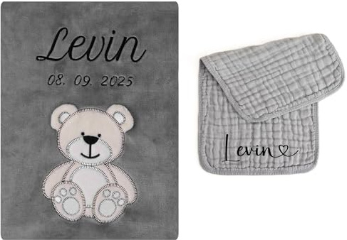 Wuff-Dogsworld Personalisierte Kuscheldecke für Neugeborene als Geschenk zur Geburt oder Taufe mit Musselin Tuch mit Namen des Babys Bestickt Babydecke für Frühling und Sommer (grau Bär)