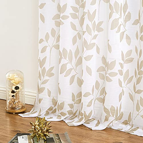 Taupe Leaf Sheer Eyelet Curtains 72 Inch Drop for Living Room, 2 Panels | Taupe White Leaves Print Drapes, Privacy Light Filtering Voile Curtains, Rustic Botanical Semi Sheer Panels for Bedroom