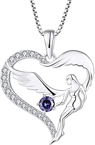 FJ Heart Guardian Angel Necklace 925 Sterling Silver Angel Wing Pendant December Birthstone Necklace Tanzanite Jewellery for Women