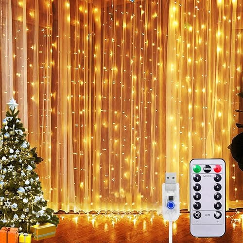 Sunlisky Lichtervorhang Innen 3x2m 200 Led Lichterkette Innen Vorhang/Fenster mit Fernbedienung Timer,8 Modi IP65 Wasserdicht für Weihnachtsbeleuchtung Innen Fensterdeko Weihnachten Beleuchtet