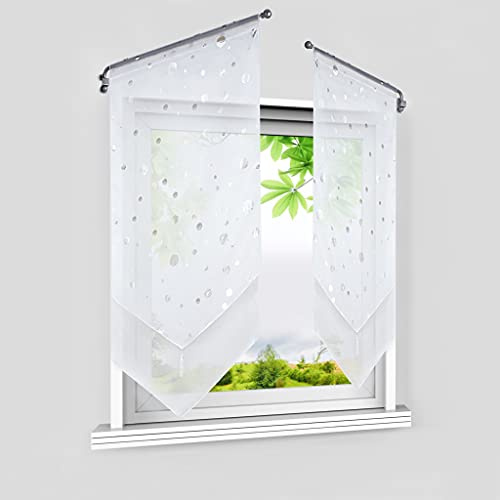 HeichkelL Scheibengardine mit Silbernen Kreisen, Weiß BxH 40x90 cm 2 Stück | 2er Set Voile Bistrogardinen, Panneaux Doppelschicht Kurzstore, Modern Küchenvorhang mit Quaste
