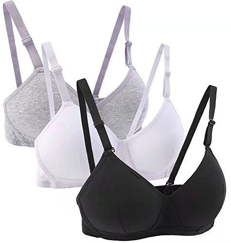 Yintry Cotton Teen Girl’s Sport Bra with Adjustable Detachable Strap Wire Free Training Bralette 3 Pack A-Cup