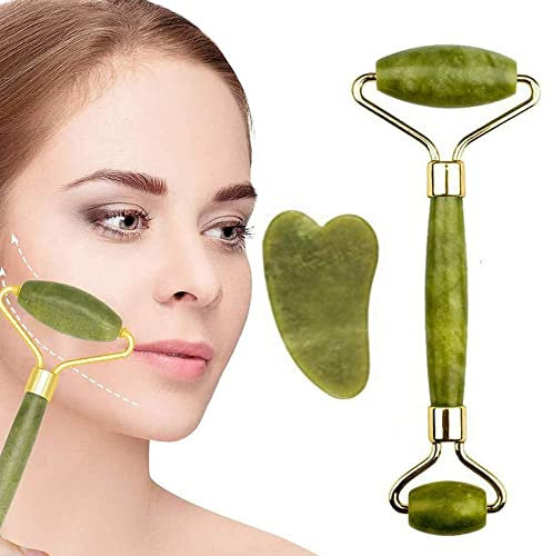 Jade Face Roller - GLAMZA Double Ended Facial Roller - Stimulates Lymphatic Drainage, Improving Skin-tone & Reducing Fine Lines & Wrinkles