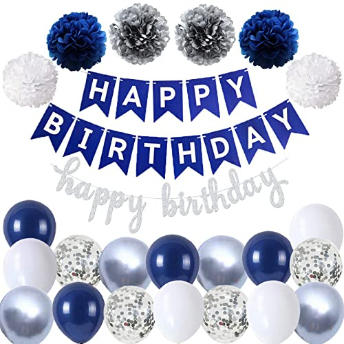 Ohighing Happy Birthday Blau Silber Geburtstag Party Deko Set Geburtstag Girlande Luftballons Blau Ballons 6 Pompoms Geburtstagsdeko Mädchen Junge