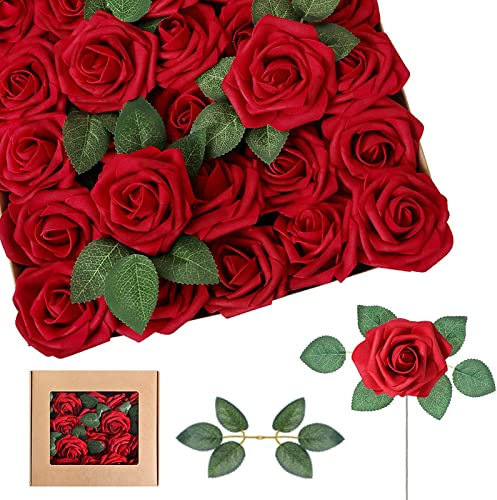 SVUPUE Künstliche Blumen Rosen, 25 Stück Kunstblumen Rosenköpfe mit Blatt, für DIY Hochzeitsstrauß, Valentinstagsgeschenk, Heimdekoration, Rot