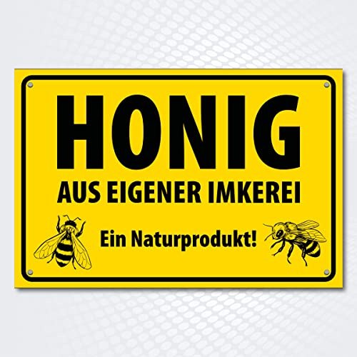 Hochwertiges Schild aus Alu-Dibond mit UV-Schutzlackierung  HONIG AUS EIGENER IMKEREI  300 x 200 mm rechteckig | Ein Naturprodukt | Hinweisschild gelb schwarz mit Lochbohrung