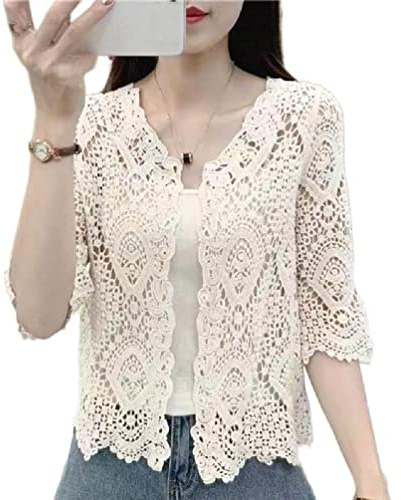 Women Summer Knitted Lace Shrug Boho Hollow Crochet Floral 3/4 Sleeves Open Front Cropped Cardigan Elegant Short Mesh Sweater Cover Up Outwear cotton kimono cardigans batwing sleeve solid colors