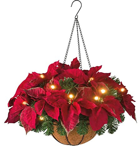Panier Suspendu de Noël Artificiel Pré-éclairé de 17,7 Pouces, Panier Suspendu de Poinsettia Artificiel, Pendentif de Décoration de Noël avec Lumières LED, Paniers de Fleurs Suspendus pour(#1)