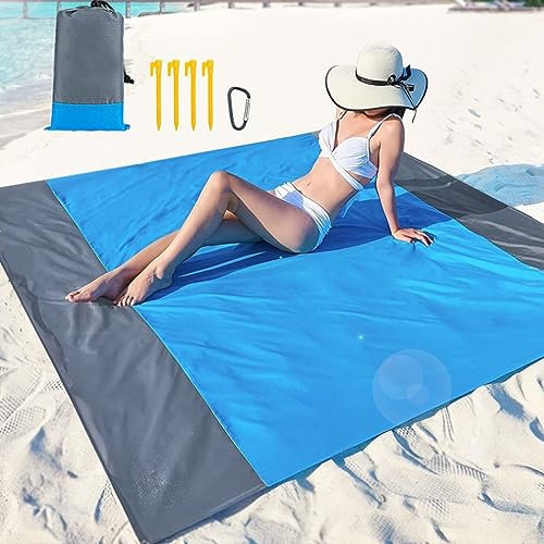 YZDZSW Picknickdecke, Stranddecke Sandfrei, Stranddecke Wasserdicht Strandtuch Strandmatte 4 Befestigung Ecken für Reisen Camping Picknick packbar mit Tasche(Blau/Grau 210x200 cm)