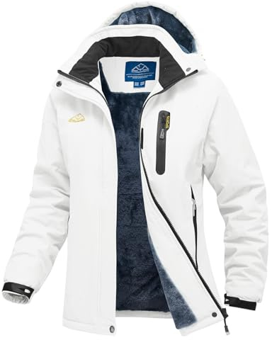 YSENTO Womens Waterproof Jacket Winter Warm Fleece Ski Camping Hiking Coat with Detachable Hood(White,M)