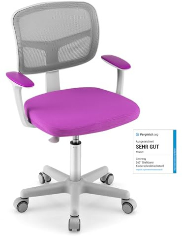 COSTWAY 360° Vridbar Barnskrivbordsstol, Justerbar Höjd 80–91,5 cm, Pojkstol Med Ryggstöd Armstöd, Datorstol Med 5 Hjulför Barn 3–10 År, Lila