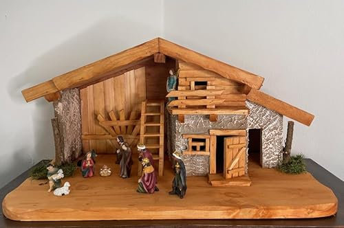 DARLUX Handgefertigte Weihnachtskrippe aus Holz mit handbemalten Figuren I Tisch Krippe I Weihnachten I Größe 30 x 60 cm I Tischdekoration (Krippe 54 + Figuren)