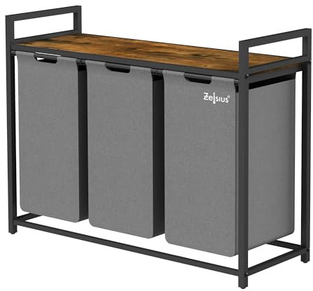 Zelsius Wäschesammler 3 Fächer | Grau, 92,5 x 33 x 72 cm | Wäschekorb mit Ablage, Schmutzwäschebehälter mit Wäschebeutel | Wäschesortierer, Wäschebox, Wäschesack | Wäschesystem, Waschkorb